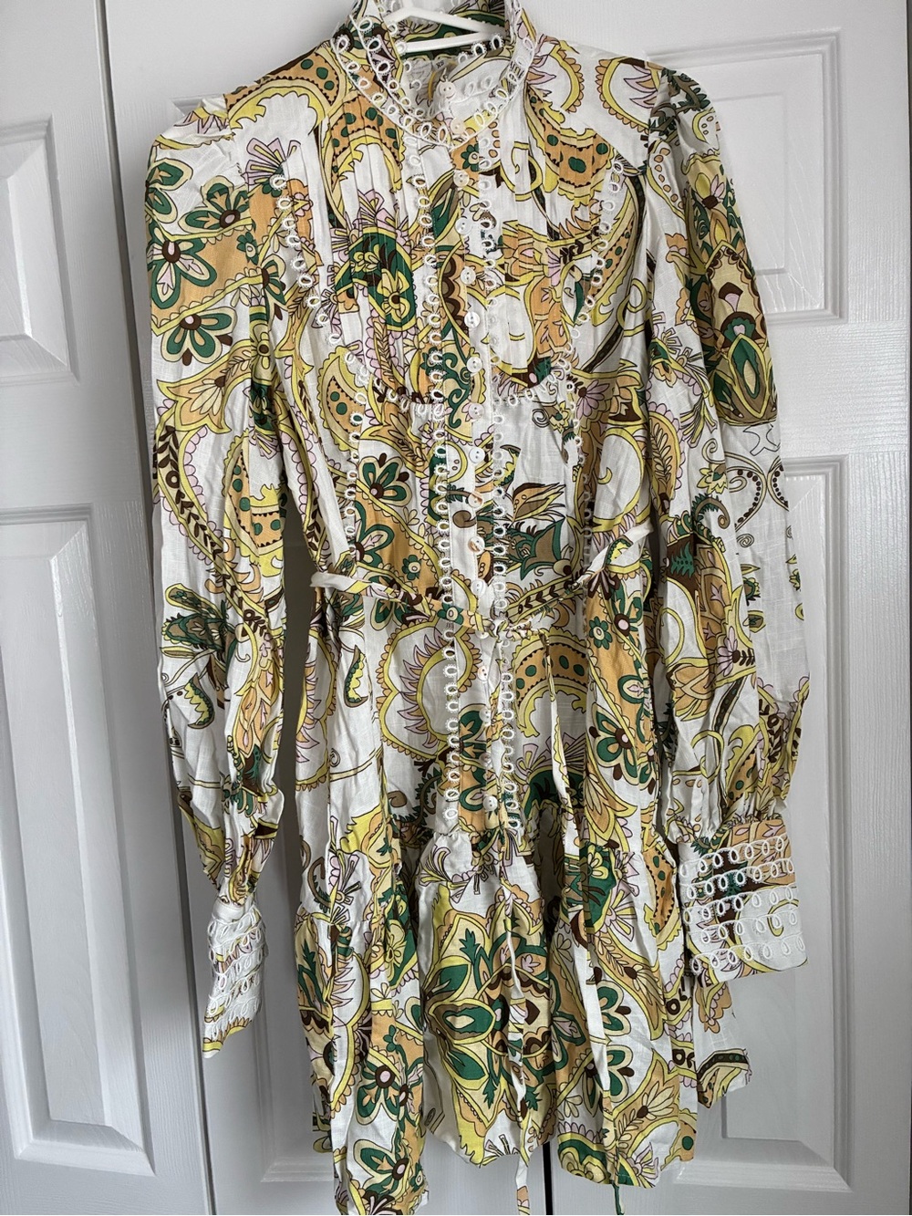 Cream & Green Paisley Long-Sleeve Button Dress